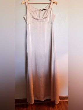BCBG Max Azria Champagne Satin Midi Dress Pleated Bust Formal Wedding Size 8